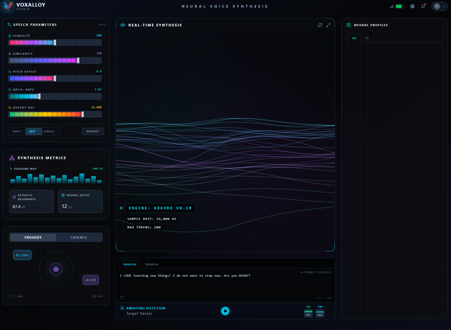 VoxAlloy Studio neural voice synthesis interface concept